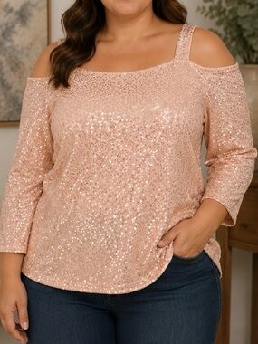 INC International Concepts Blush Pink Cold-Shoulder Sequin Top